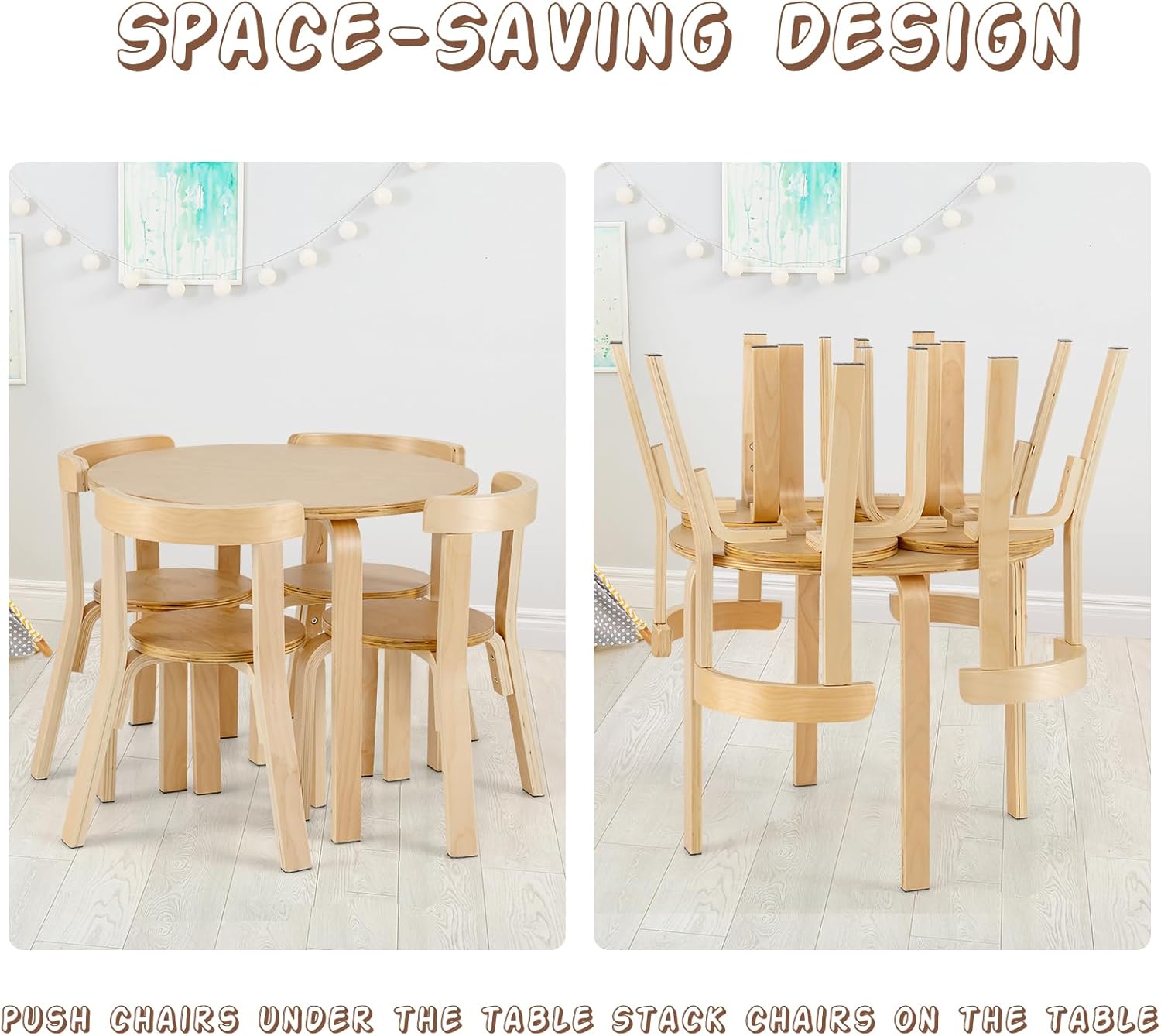 Maxmass Kids Table and Chairs Set, Solid Wood Children Table and 4 Stackable Chairs with Non-slip Foot Pads, 5-Piece Toddlers Furniture Set for Living Room, Playroom, Kindergarten (Natural)-3