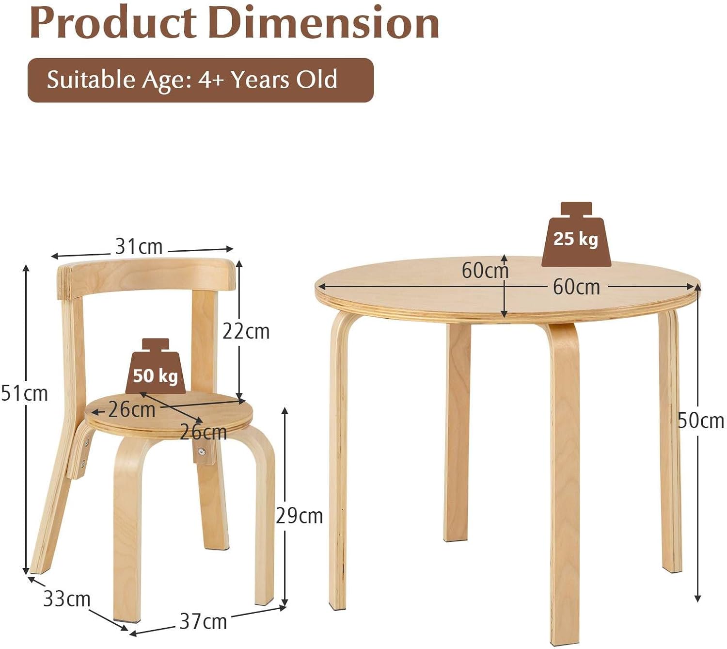 Maxmass Kids Table and Chairs Set, Solid Wood Children Table and 4 Stackable Chairs with Non-slip Foot Pads, 5-Piece Toddlers Furniture Set for Living Room, Playroom, Kindergarten (Natural)-4