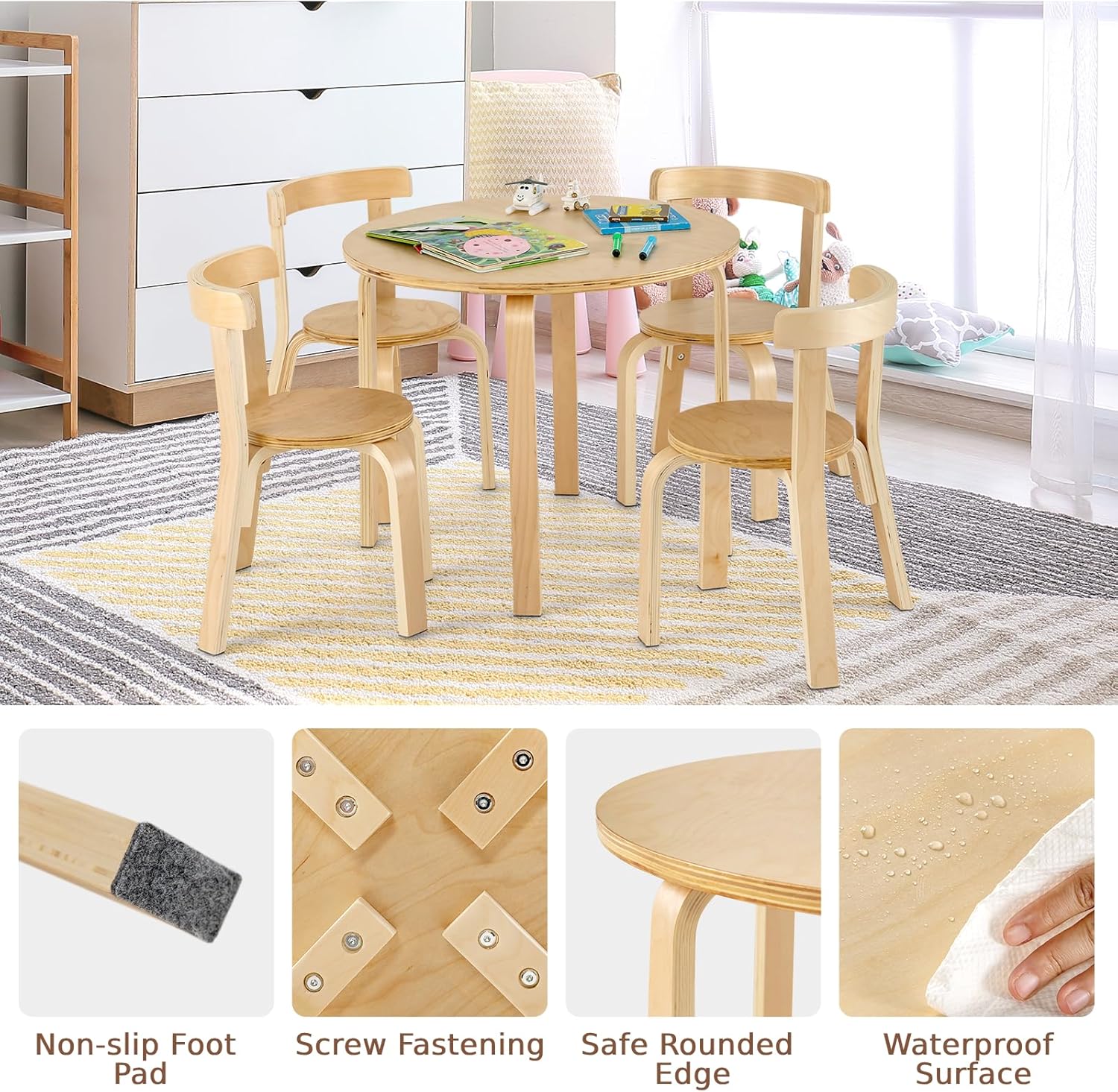 Maxmass Kids Table and Chairs Set, Solid Wood Children Table and 4 Stackable Chairs with Non-slip Foot Pads, 5-Piece Toddlers Furniture Set for Living Room, Playroom, Kindergarten (Natural)-5