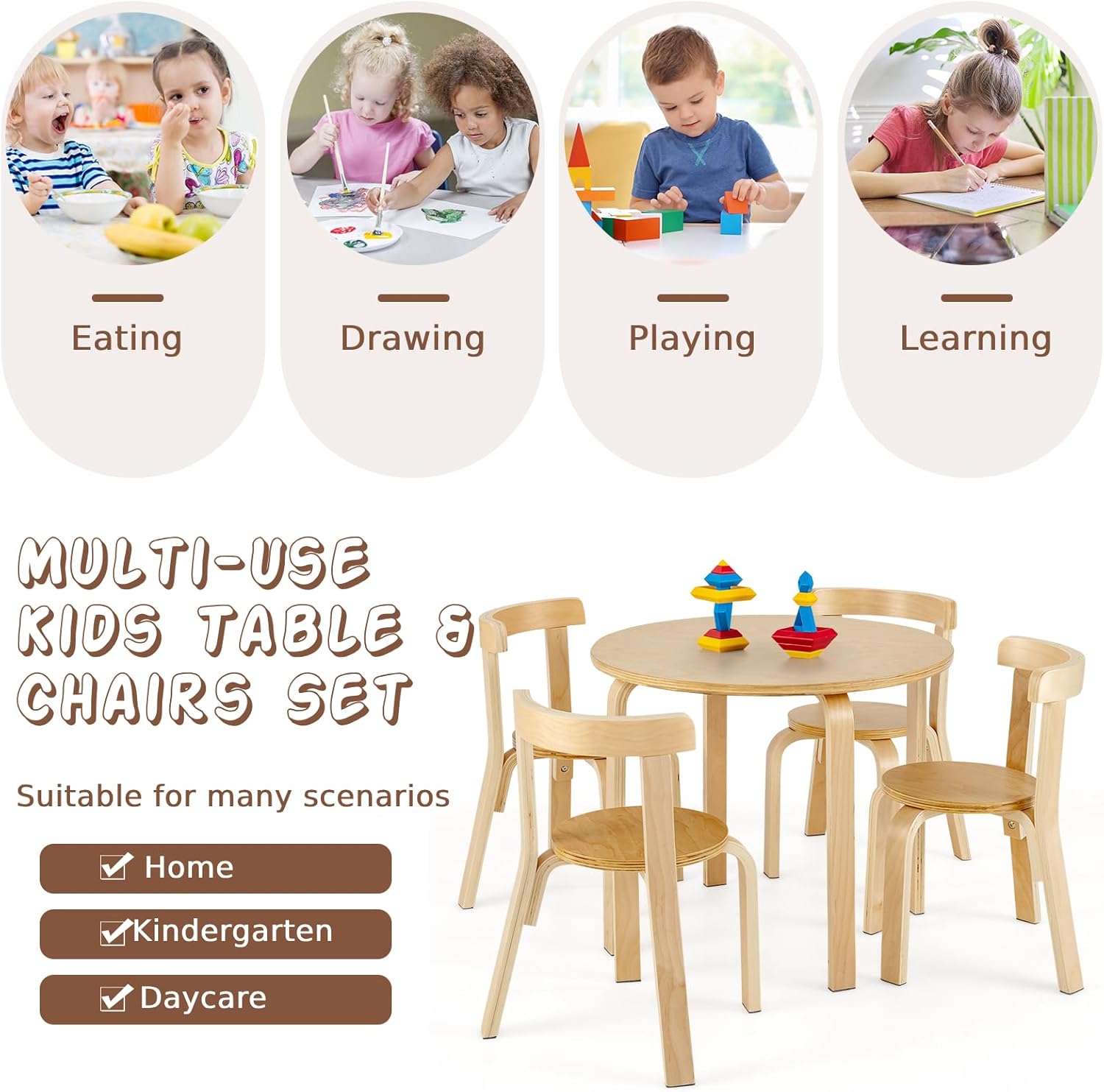 Maxmass Kids Table and Chairs Set, Solid Wood Children Table and 4 Stackable Chairs with Non-slip Foot Pads, 5-Piece Toddlers Furniture Set for Living Room, Playroom, Kindergarten (Natural)-6