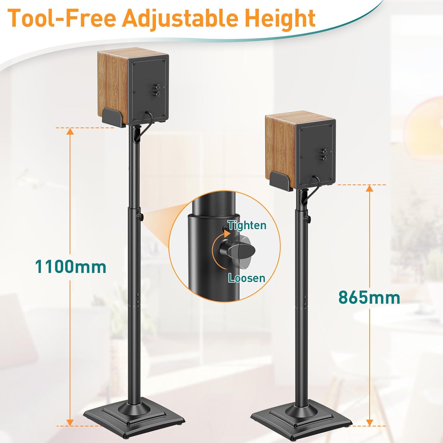 ELIVED Adjustable Height Speakers Stands, Extend 865mm to 1100mm, Spring Loaded Floor Speaker Stand Holds Universal Satellite & Bookshelf Speakers Up to 5KG, Cable Management, 1 Pair EV5028-1