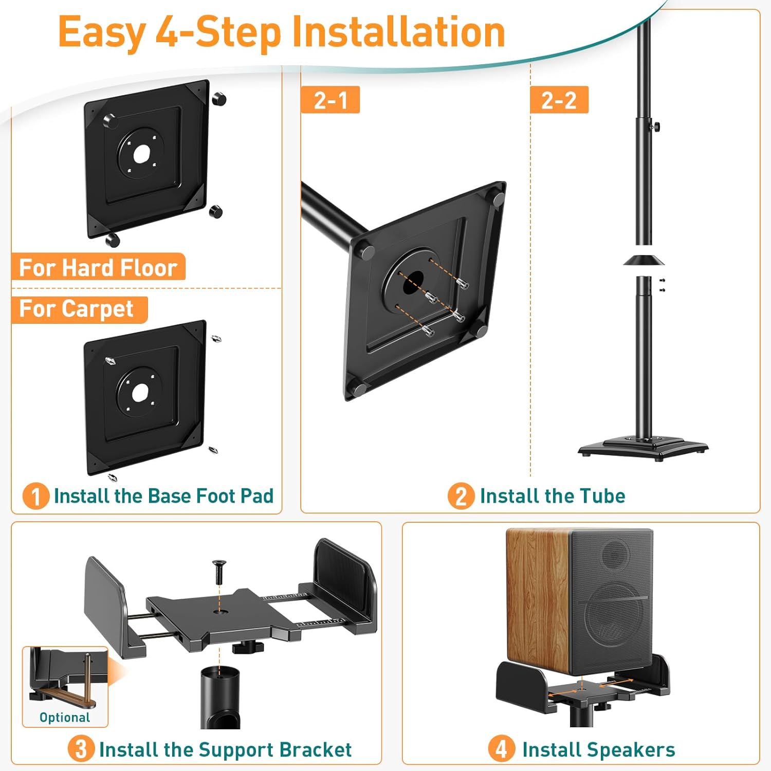 ELIVED Adjustable Height Speakers Stands, Extend 865mm to 1100mm, Spring Loaded Floor Speaker Stand Holds Universal Satellite & Bookshelf Speakers Up to 5KG, Cable Management, 1 Pair EV5028-6