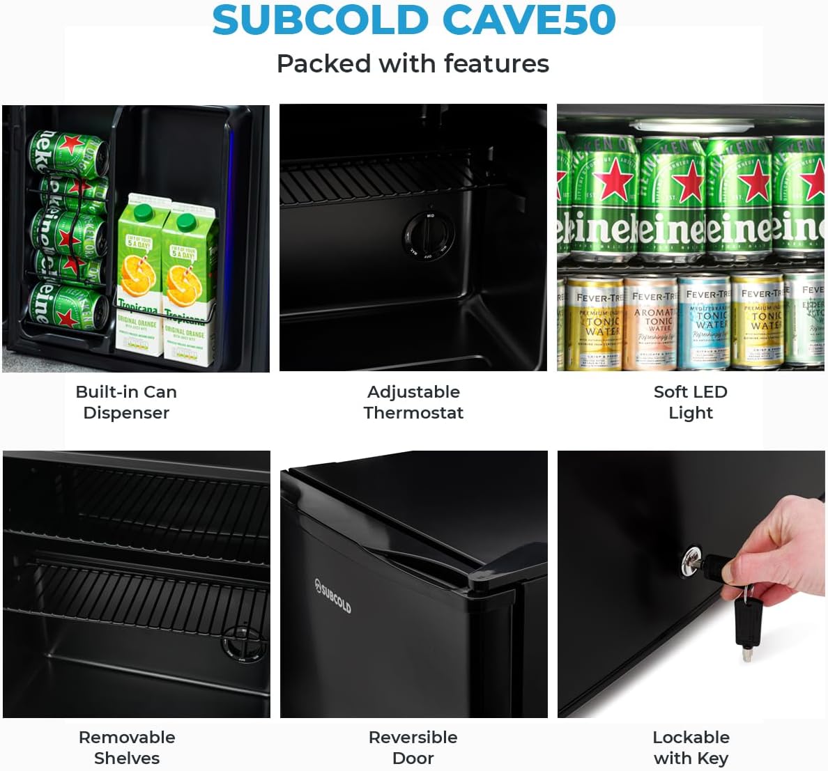 Subcold Cave50 LED Solid Door Beer Fridge for Wine & Drinks | Mini Fridge Chiller with Can Dispenser | Lockable Mini Fridge for Bedrooms Quiet | Small Fridge Frost-Free Larder | 44 Cans (Black)-5