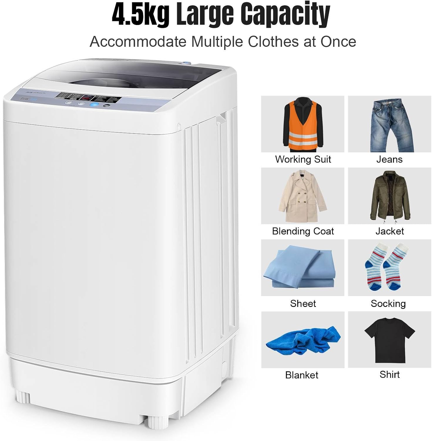 GiantexUK 2-in-1 Portable Washing Machine, Single Tub Washer and Spin Dryer with 6/10 Washing Modes, 3/8 Adjustable Water Levels & Drain Pump, Compact Laundry Washer (4.5kg Load, 10 Modes, 8 Levels)-2