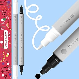 ARTISTRO 2 White and Black Acrylic Paint Pens, Acrylic Paint Markers Dual Tip (Fine 1mm + Dot 5mm), Acrylic Markers for Fabric, Canvas, Rock, Glass, Wood, Paper, DYI, Paint Markers for Kids and Adults