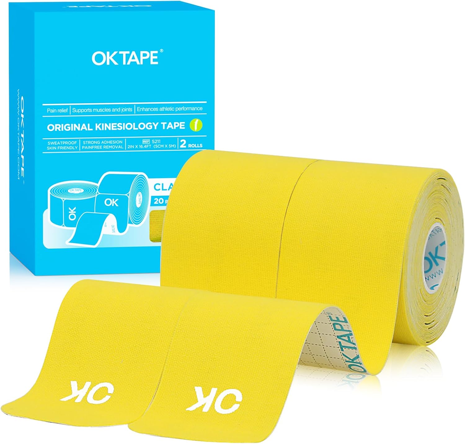 OK TAPE Kinesiology Tape 25cm Precut, 20 Strips, Cotton Elastic Athletic Tape Latex Free, 5cmx5m,2 Rolls,Yellow-0