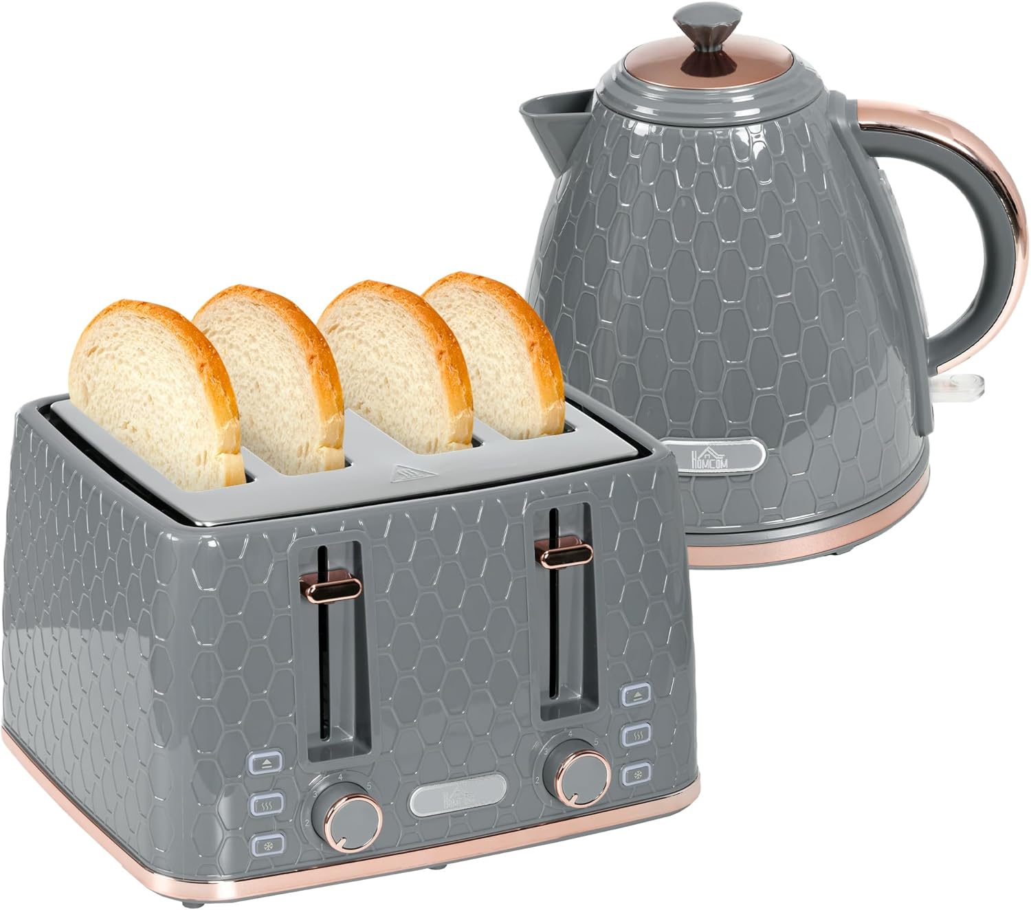 HOMCOM Kettle and Toaster Set, 1.7L 3000W Fast Boil Jug Kettle with Auto Shut Off, 4 Slice Toaster with 7 Level Browning Controls & Crumb Tray, Grey-0