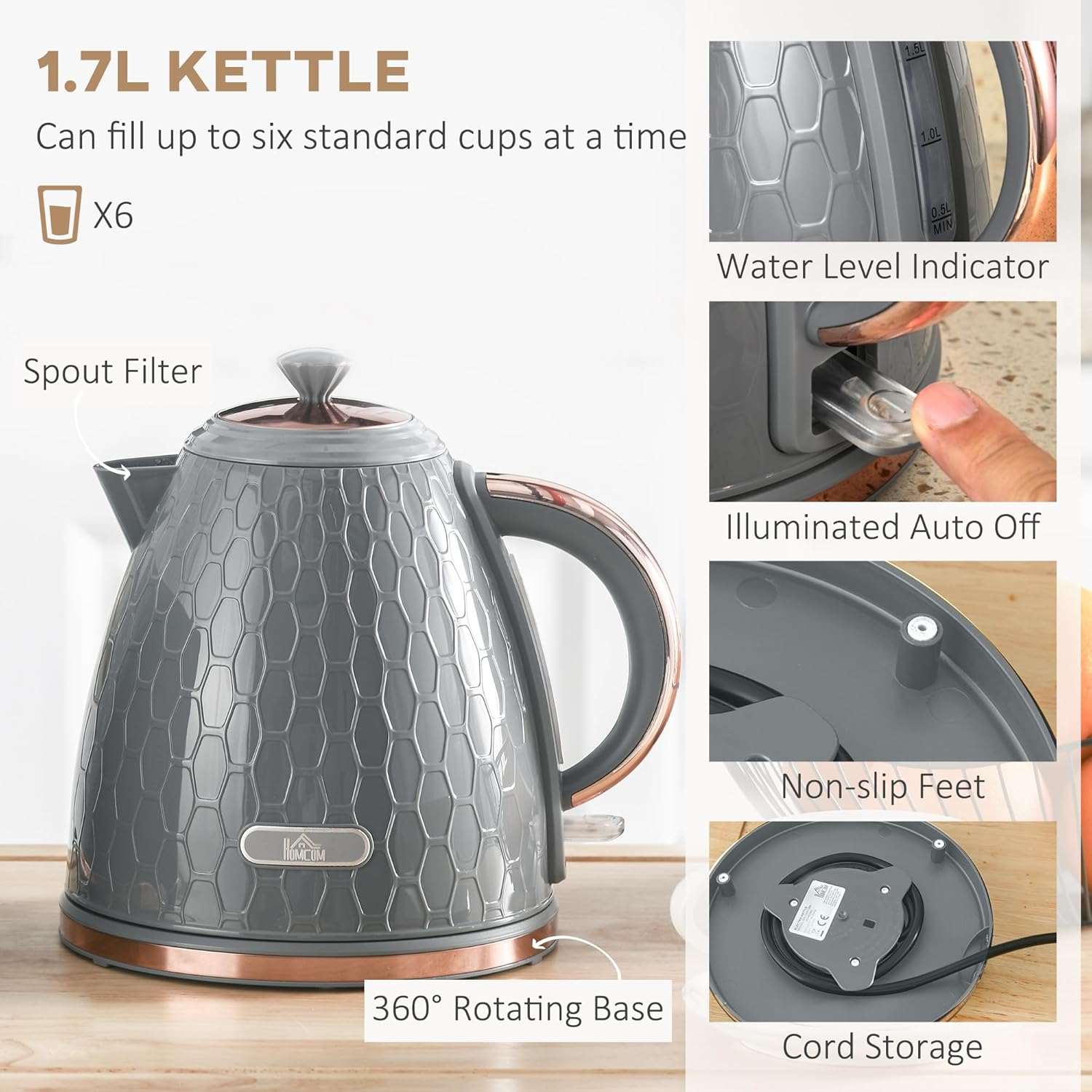 HOMCOM Kettle and Toaster Set, 1.7L 3000W Fast Boil Jug Kettle with Auto Shut Off, 4 Slice Toaster with 7 Level Browning Controls & Crumb Tray, Grey-2