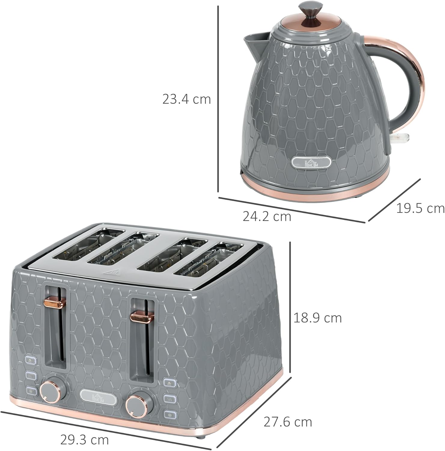 HOMCOM Kettle and Toaster Set, 1.7L 3000W Fast Boil Jug Kettle with Auto Shut Off, 4 Slice Toaster with 7 Level Browning Controls & Crumb Tray, Grey-4