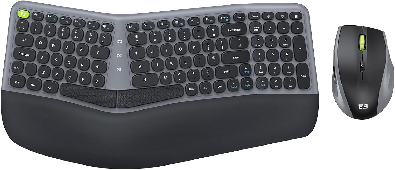 Ergonomic Wireless Keyboard and Mouse Set, Seenda Ergo USB Keyboard Mouse, Split UK Layout, Cushioned Palm Wrist Rest, Compatible with Windows Laptop PC Computer Desktop, Black-0