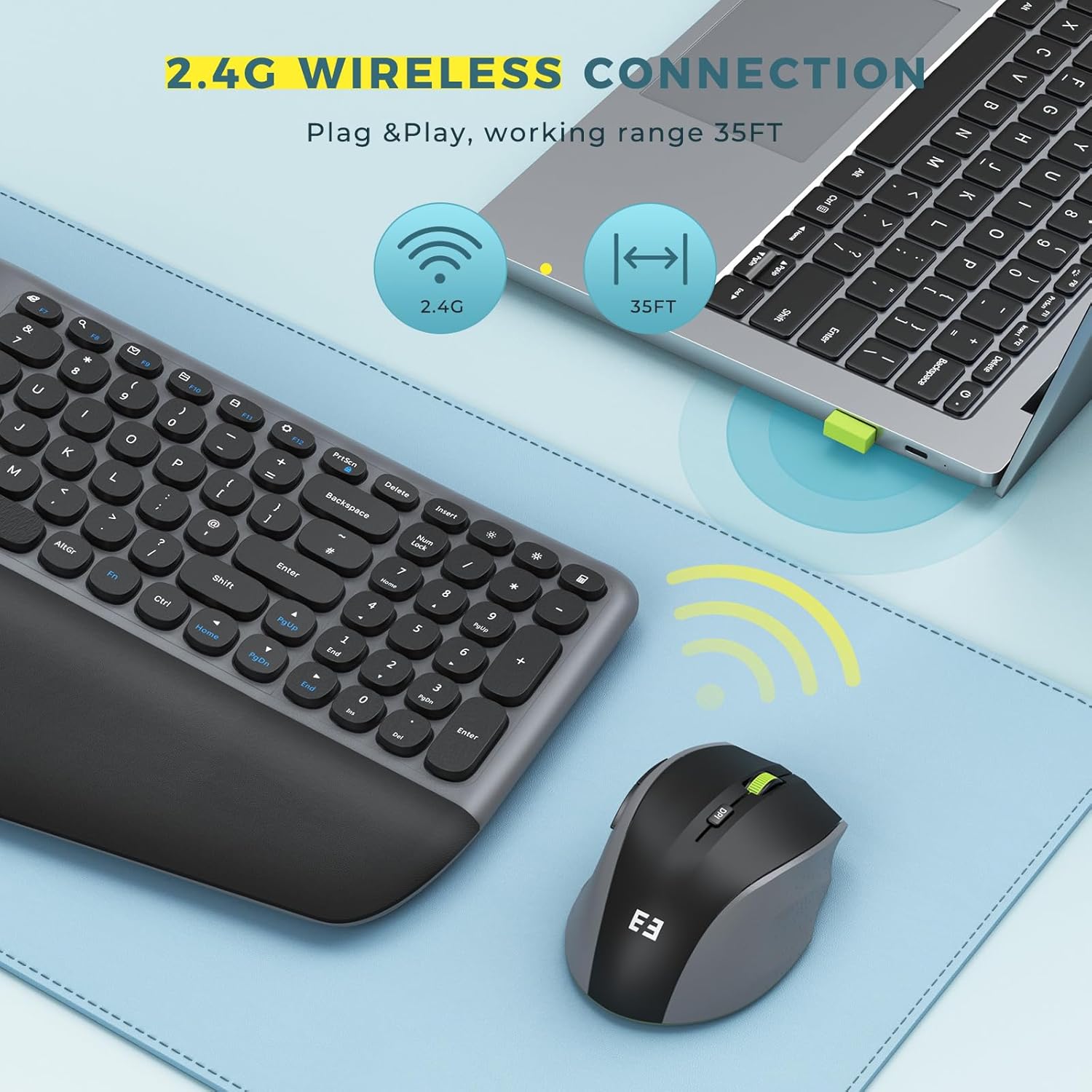 Ergonomic Wireless Keyboard and Mouse Set, Seenda Ergo USB Keyboard Mouse, Split UK Layout, Cushioned Palm Wrist Rest, Compatible with Windows Laptop PC Computer Desktop, Black-1