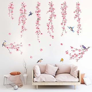 PinkEleph Hanging Vines Flower Wall Stickers - Cherry Blossom Tree Branch Birds Floral Wall Decals - Living Room Bedroom TV Sofa Background Family Wall Decor