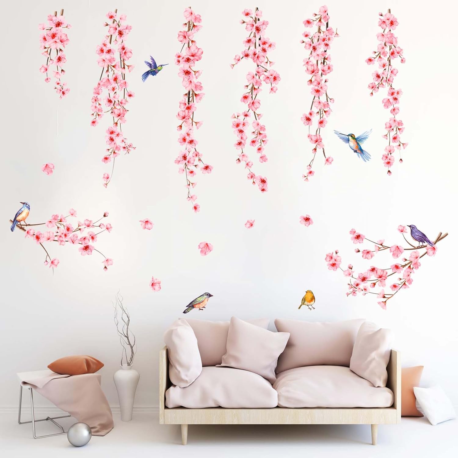 PinkEleph Hanging Vines Flower Wall Stickers - Cherry Blossom Tree Branch Birds Floral Wall Decals - Living Room Bedroom TV Sofa Background Family Wall Decor-0