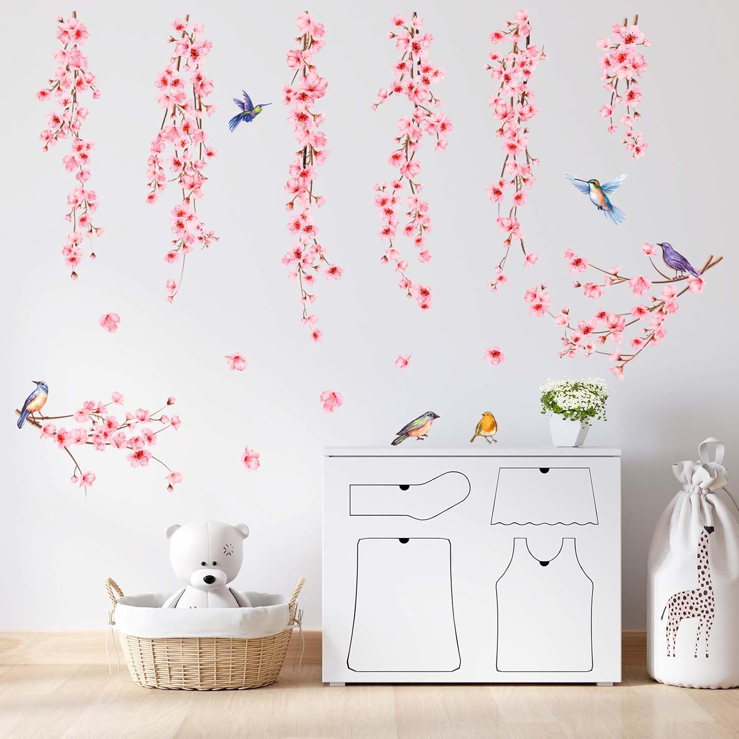 PinkEleph Hanging Vines Flower Wall Stickers - Cherry Blossom Tree Branch Birds Floral Wall Decals - Living Room Bedroom TV Sofa Background Family Wall Decor-1