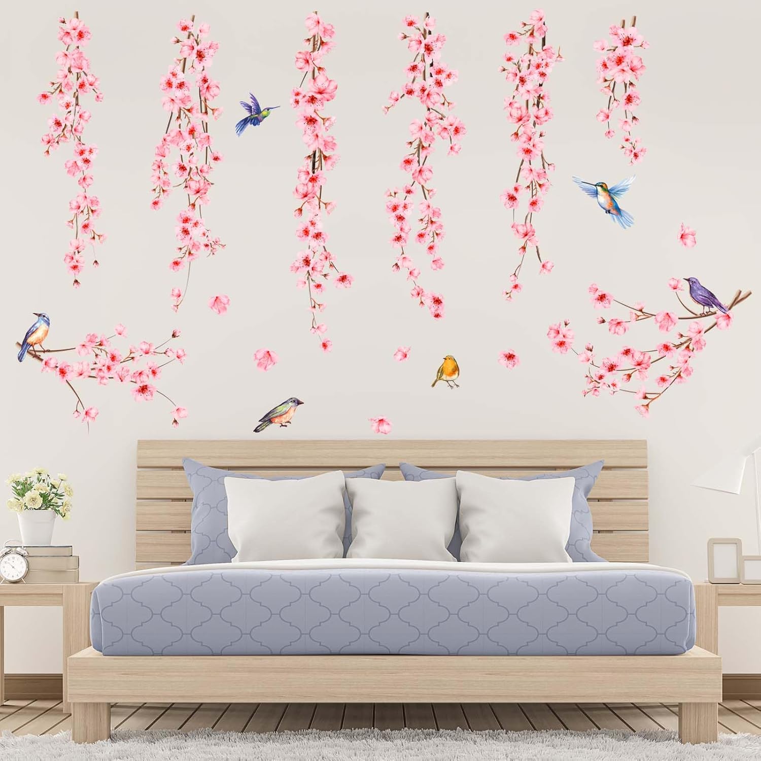 PinkEleph Hanging Vines Flower Wall Stickers - Cherry Blossom Tree Branch Birds Floral Wall Decals - Living Room Bedroom TV Sofa Background Family Wall Decor-2