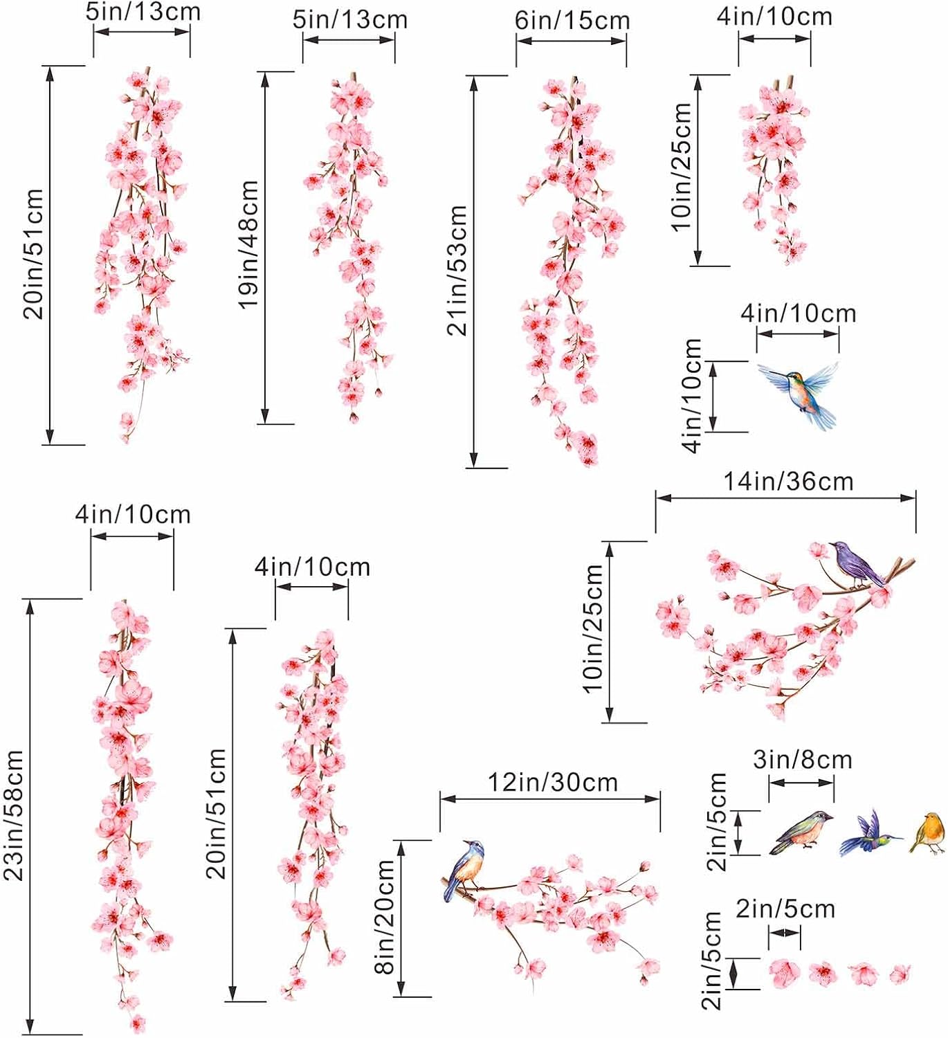 PinkEleph Hanging Vines Flower Wall Stickers - Cherry Blossom Tree Branch Birds Floral Wall Decals - Living Room Bedroom TV Sofa Background Family Wall Decor-3