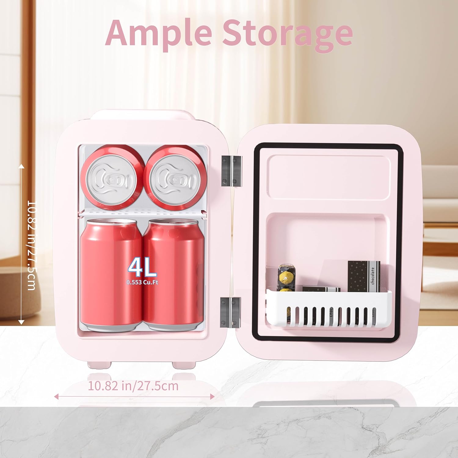 YASHE Mini Fridge, 4 Liter/6 Cans Small Fridgerator for Bedroom, AC/DC Thermoelectric Cooler and Warmer for Skincare Drink Office Dorm Car, Pink-1