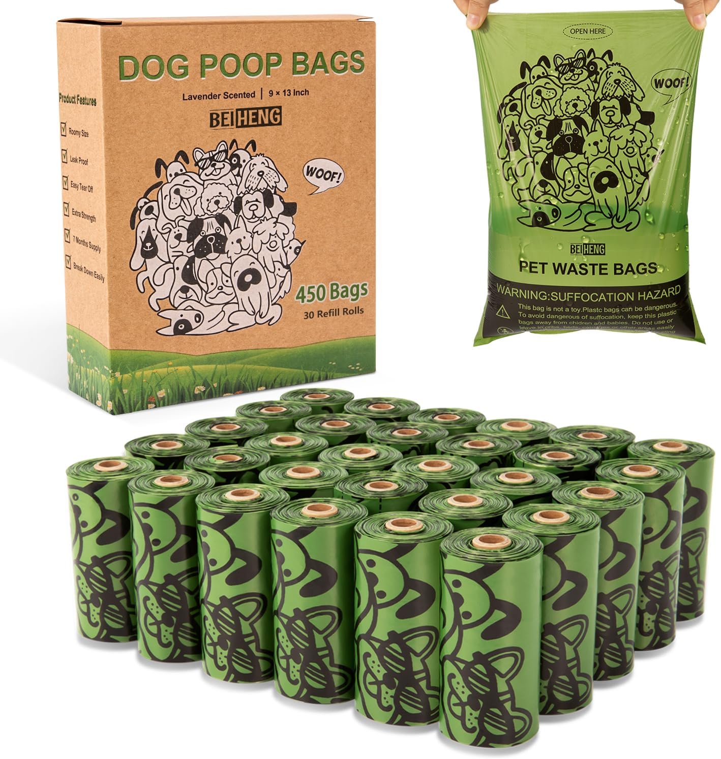 Dog Poo Bags - 450 Counts Biodegradable Thick Leak Proof Pet Poop Waste Bag Refill Rolls for 7 Month Supply, Lavender Scented-0