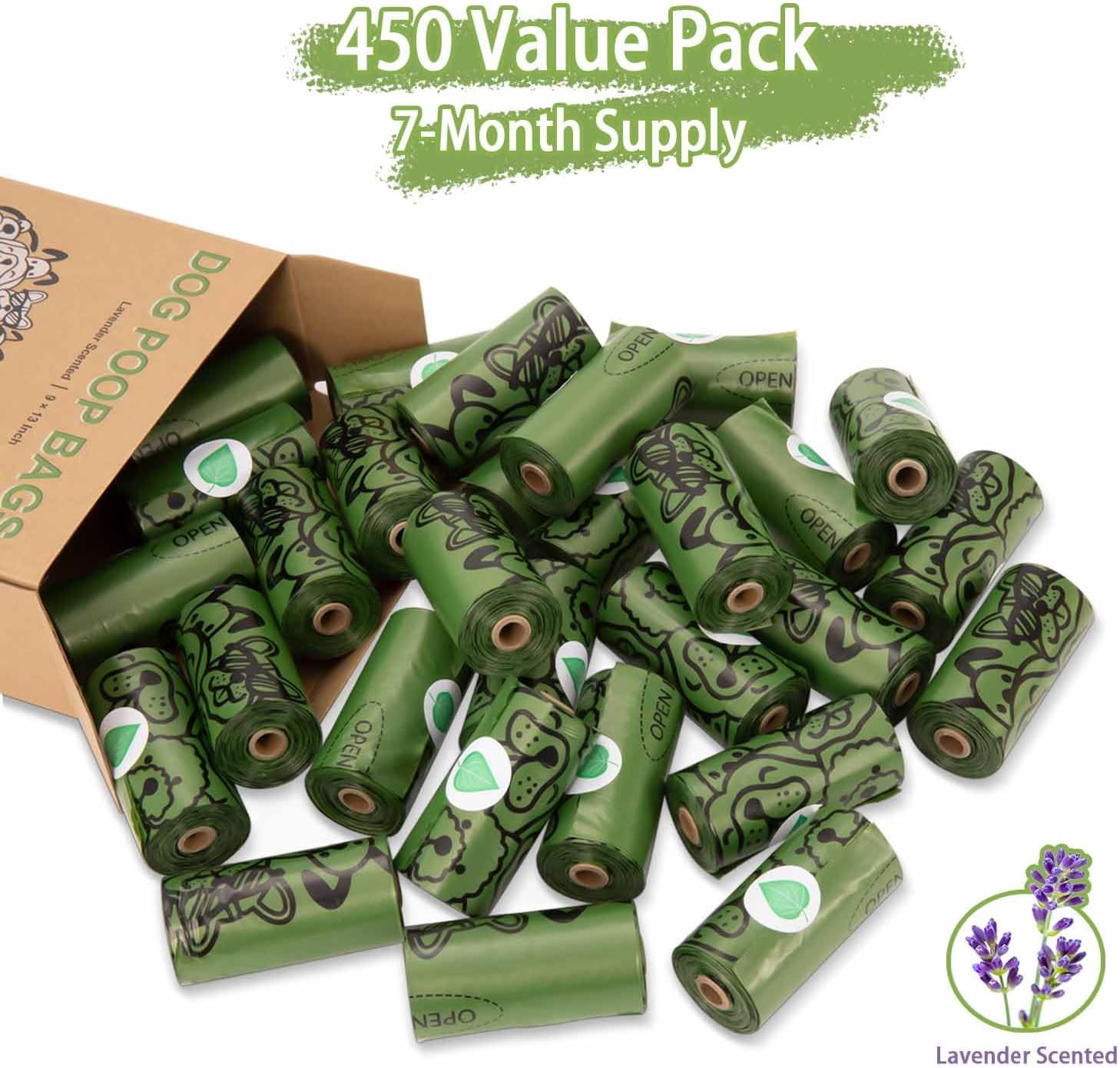 Dog Poo Bags - 450 Counts Biodegradable Thick Leak Proof Pet Poop Waste Bag Refill Rolls for 7 Month Supply, Lavender Scented-1