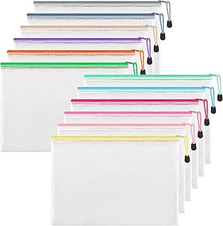 HEETA A4 Zip Wallets,12Pack Strong Plastic Zip Folders Waterproof Puzzle Bags with Secure Zippers for Office School Home Travel Storage, 12 Colors