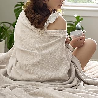 Bedsure 100% Cotton Blankets Double Size for Bed - Lightweight Weave Blankets for Summer, Soft Breathable Herringbone Woven Blankets for Couch Sofa, Beige,150x200 cm