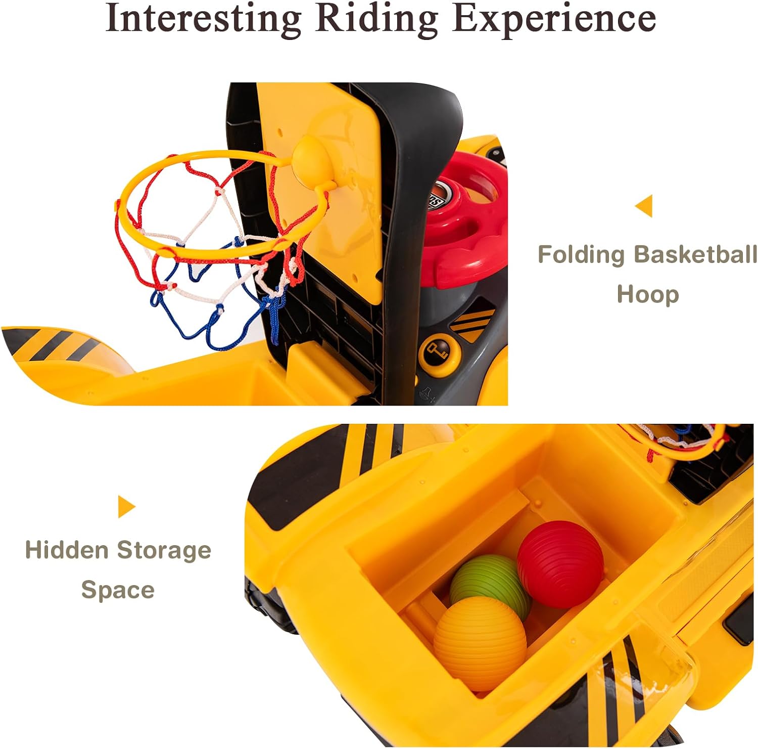 Maxmass Kids Ride on Excavator, 6V Battery Powered Construction Truck with Foldable Basketball Hoop & 3 Balls, Sound Effects, Flexible Arm & Bucket, Toddler Toy Car for 2+ Years Old (Bulldozer)-4