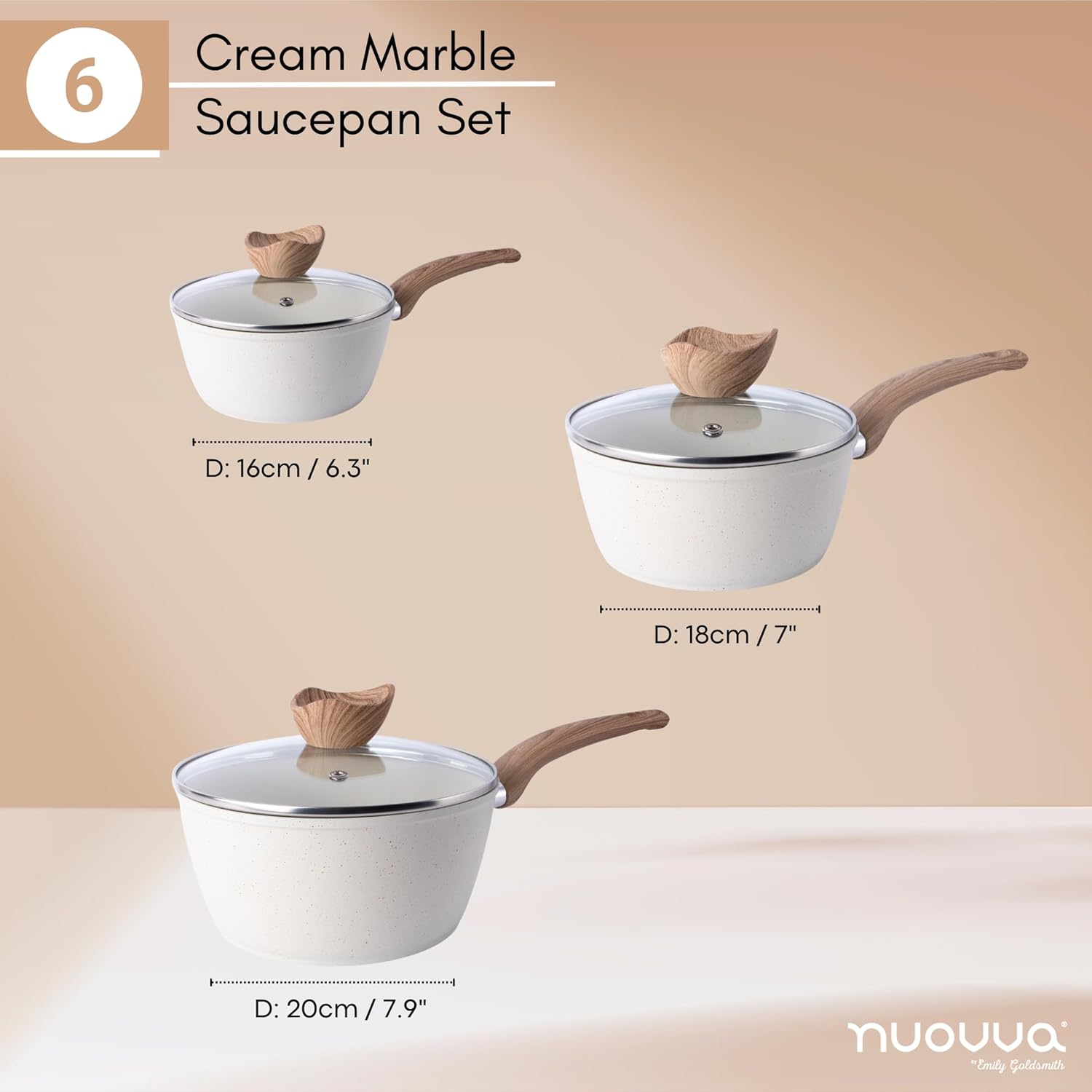 Non Stick Saucepan Set – Induction Saucepan with Lid – 3pcs Cream Granite Sauce Pan – 16cm, 18cm, 20cm Saucepot Set – by Nuovva-1