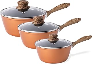 Non Stick Saucepan Set – Induction Saucepan with Lid – 3pcs Copper Sauce Pan – 16cm, 18cm, 20cm Saucepot Set – by Nuovva