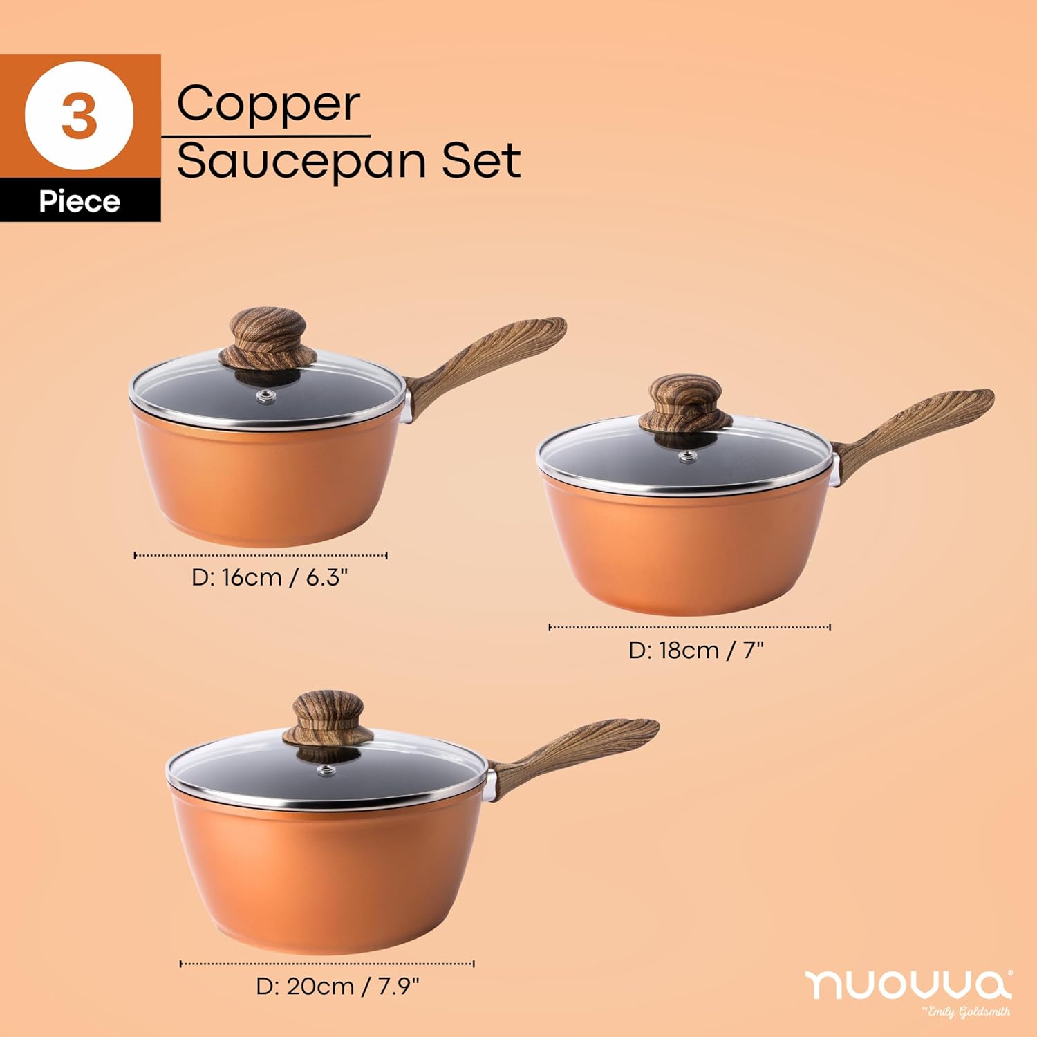 Non Stick Saucepan Set – Induction Saucepan with Lid – 3pcs Copper Sauce Pan – 16cm, 18cm, 20cm Saucepot Set – by Nuovva-1