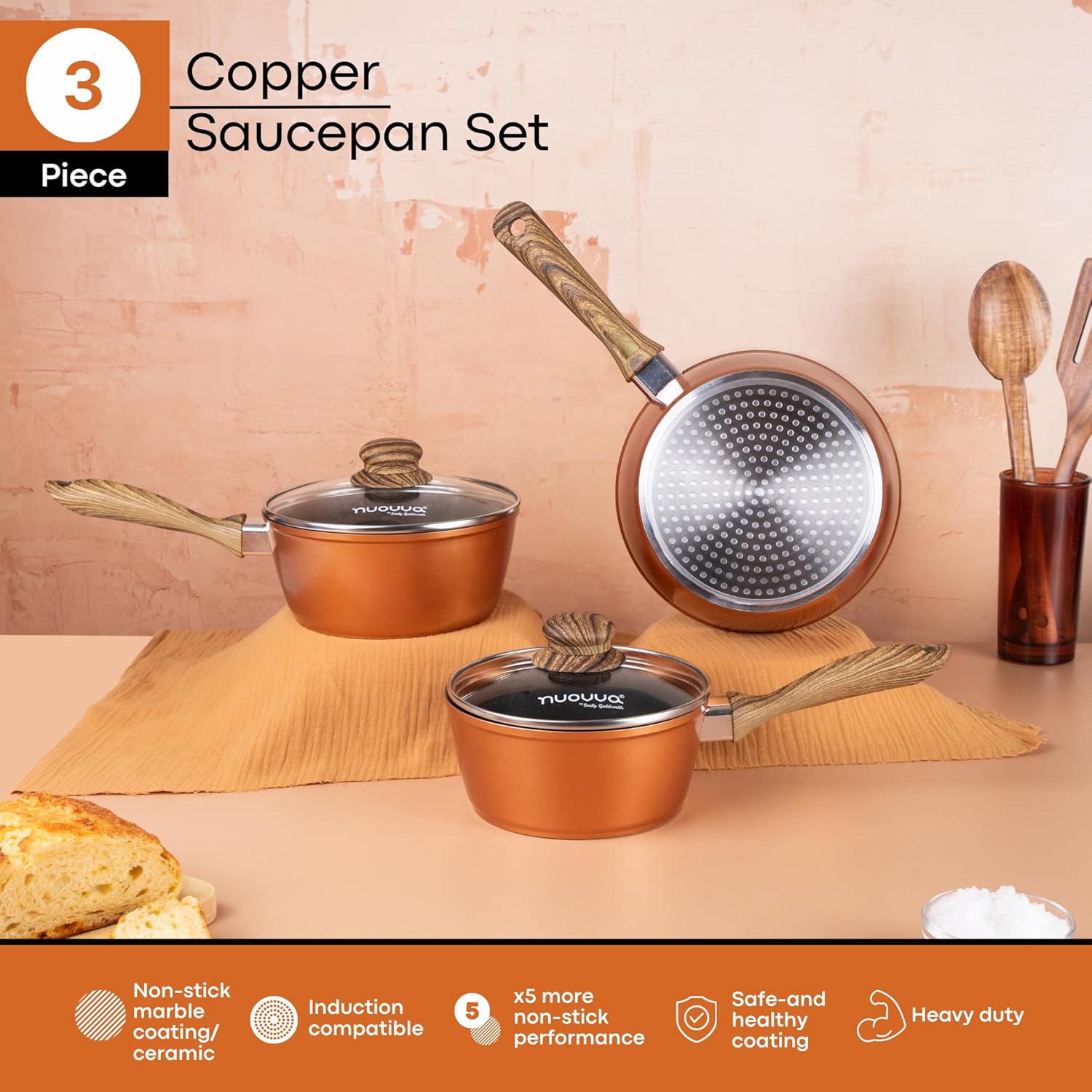 Non Stick Saucepan Set – Induction Saucepan with Lid – 3pcs Copper Sauce Pan – 16cm, 18cm, 20cm Saucepot Set – by Nuovva-3