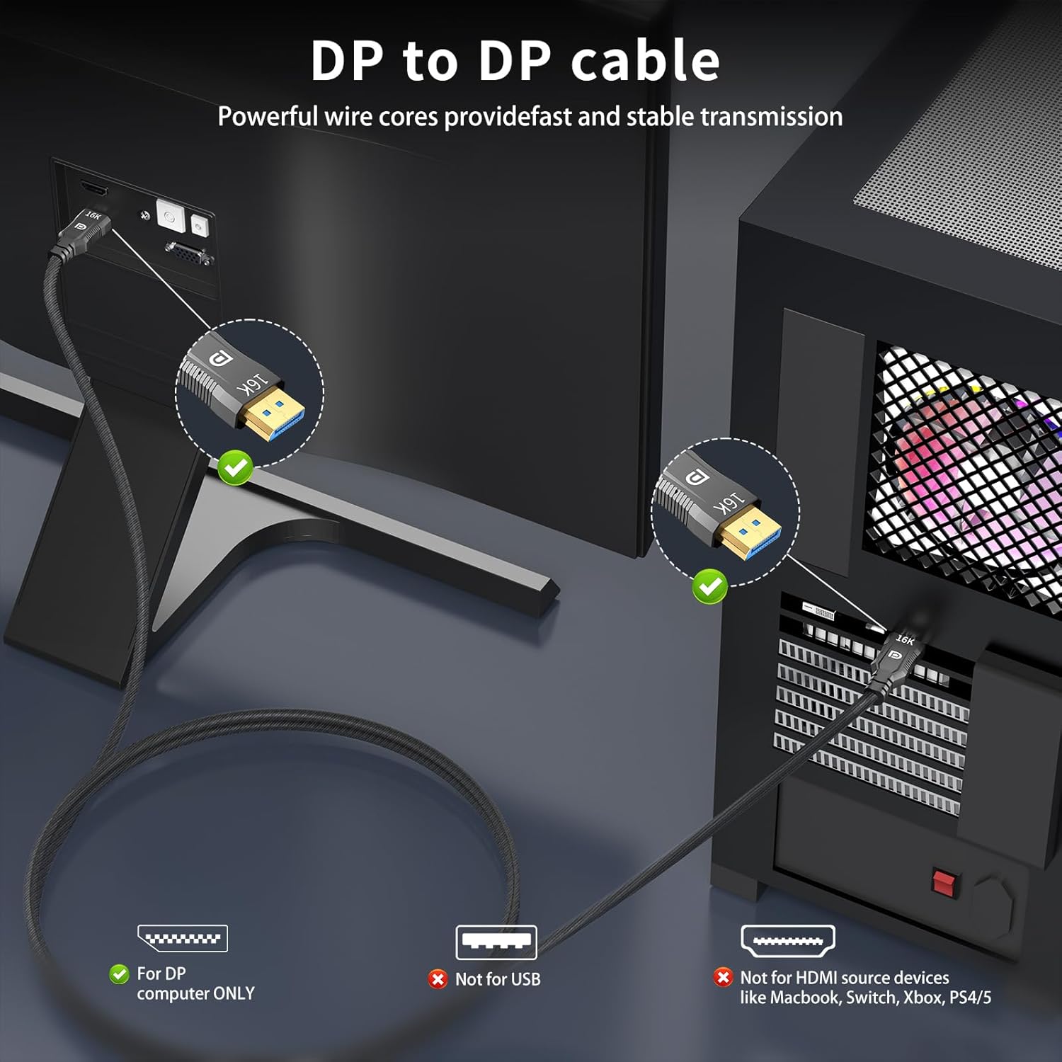 Cratree 16k DisplayPort Cable 2.1 2M,DP to DP Cable VESA Certified,Support 80Gbps,16K 30Hz,8K 120Hz,4K 240Hz/165Hz/144Hz Braided Cord - Compatible FreeSync/G-Sync/Gaming Monitor,PC-3