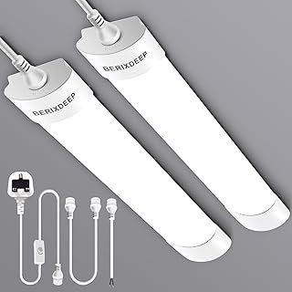 BERIXDEEP LED Batten Lights 2 Pack, Waterproof Plug in Strip Lights with Switch, IP65 Linkable Strip Lights for Garage, Ceiling, Shed, Wall, Workshop, Office, 6500K Daylight, 4FT, 120cm, 36W