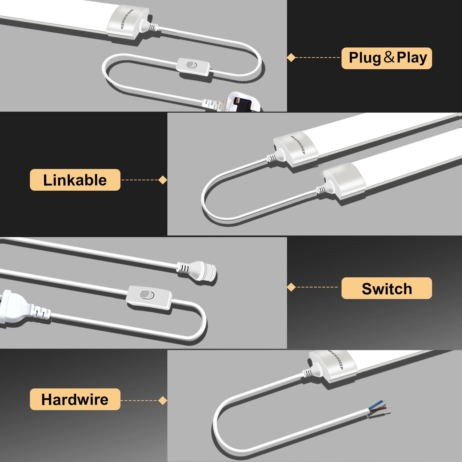 BERIXDEEP LED Batten Lights 2 Pack, Waterproof Plug in Strip Lights with Switch, IP65 Linkable Strip Lights for Garage, Ceiling, Shed, Wall, Workshop, Office, 6500K Daylight, 4FT, 120cm, 36W-1