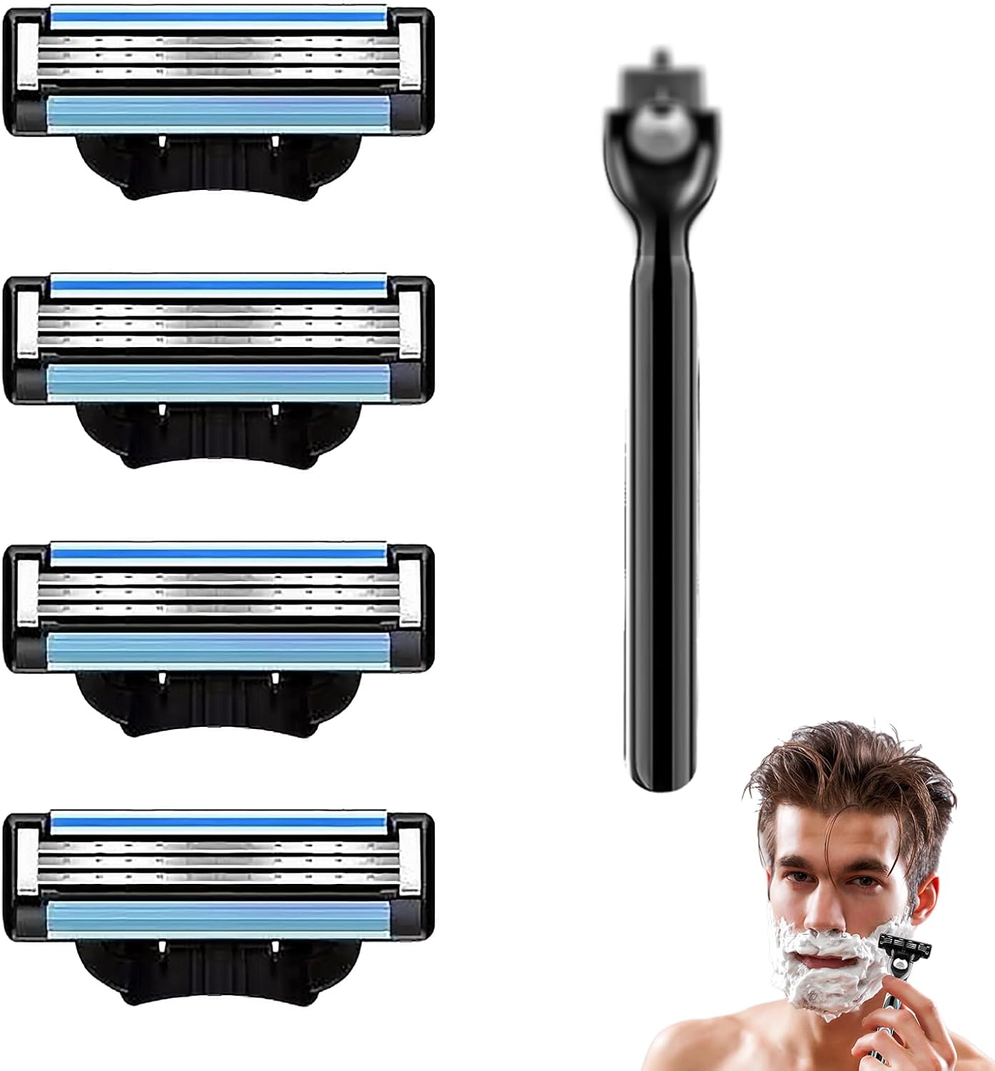 4Pcs Razor Blades Refills with 1 Handle Razors for Mach 3 Blades Replacement Blade with Double Lubrication Strip Compatible with Mach 3 Handles Shaving Manual Shaver Blade Men Father Boyfriend-0