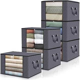 flintronic 6 Pack Clothes Storage Bags,84L Large Storage Box with Zips,Foldable Clothing Storage Bags Organizer with Reinforced Handle & Clear Window for Bedding& Blankets Grey- 60 * 40 * 35cm