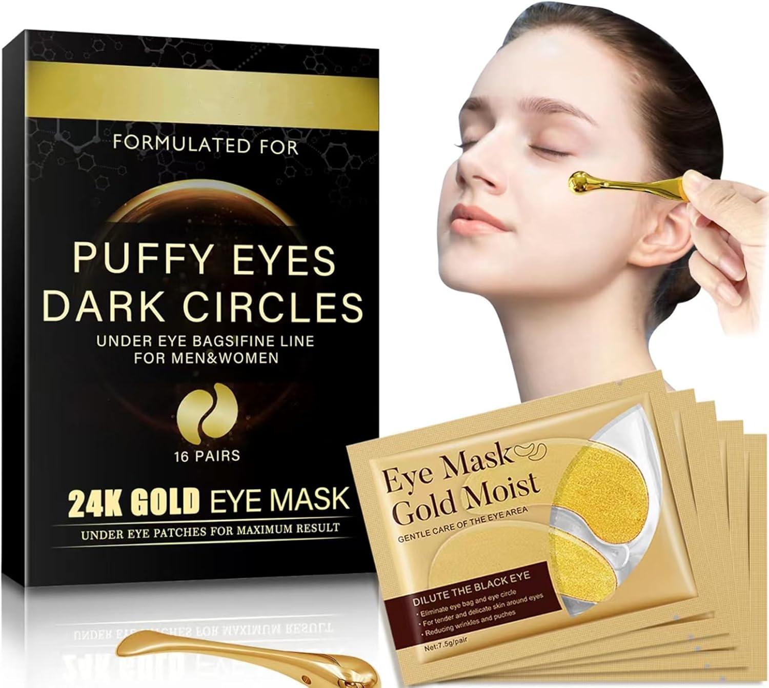 16 Pairs Under Eye Mask Reduce Dark Circles,Puffy Eyes,Undereye Bags,Wrinkles - 24K Gold Under Eye Treatment Masks,Gel Under Eye Patches,Collagen Eye Mask for Under Eye Wrinkles (16 Pairs Boxed)-0