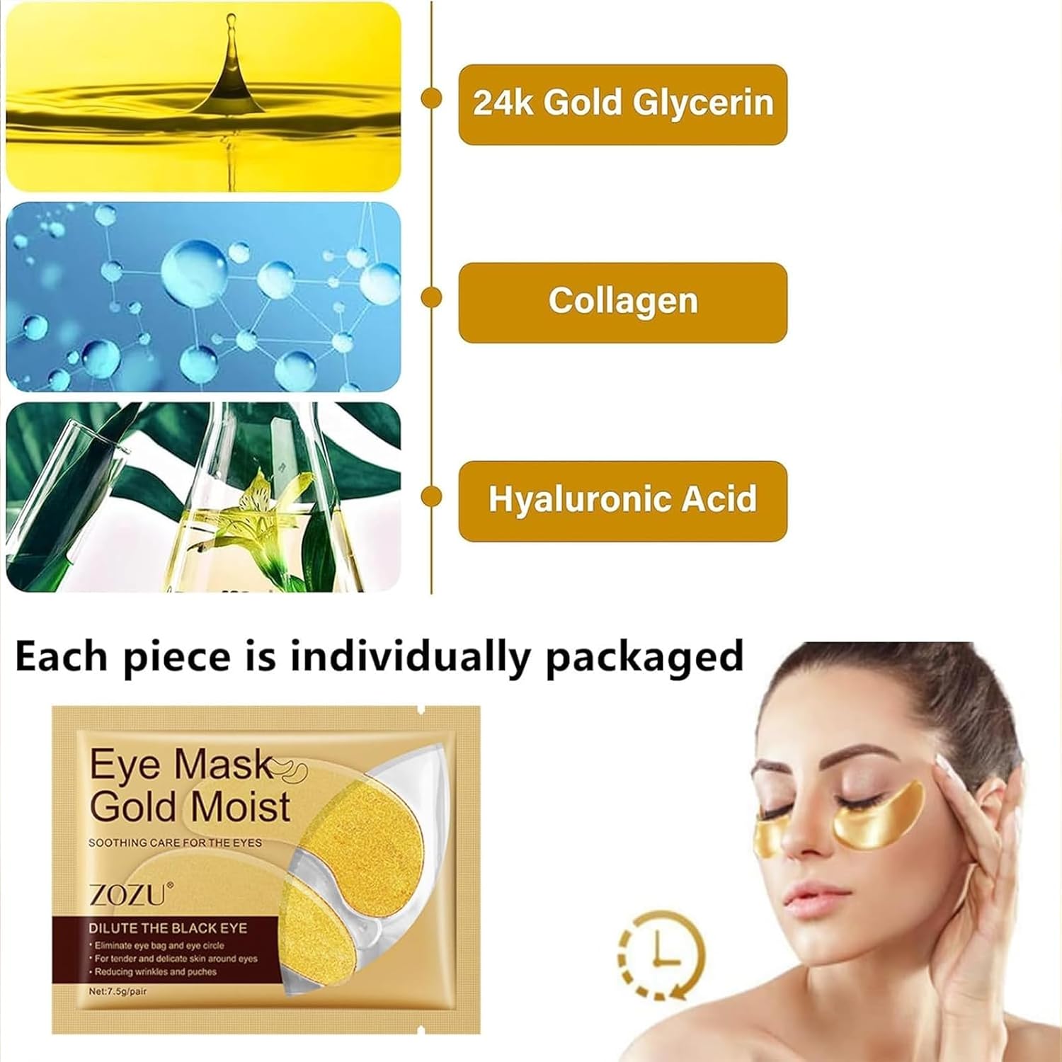 16 Pairs Under Eye Mask Reduce Dark Circles,Puffy Eyes,Undereye Bags,Wrinkles - 24K Gold Under Eye Treatment Masks,Gel Under Eye Patches,Collagen Eye Mask for Under Eye Wrinkles (16 Pairs Boxed)-2