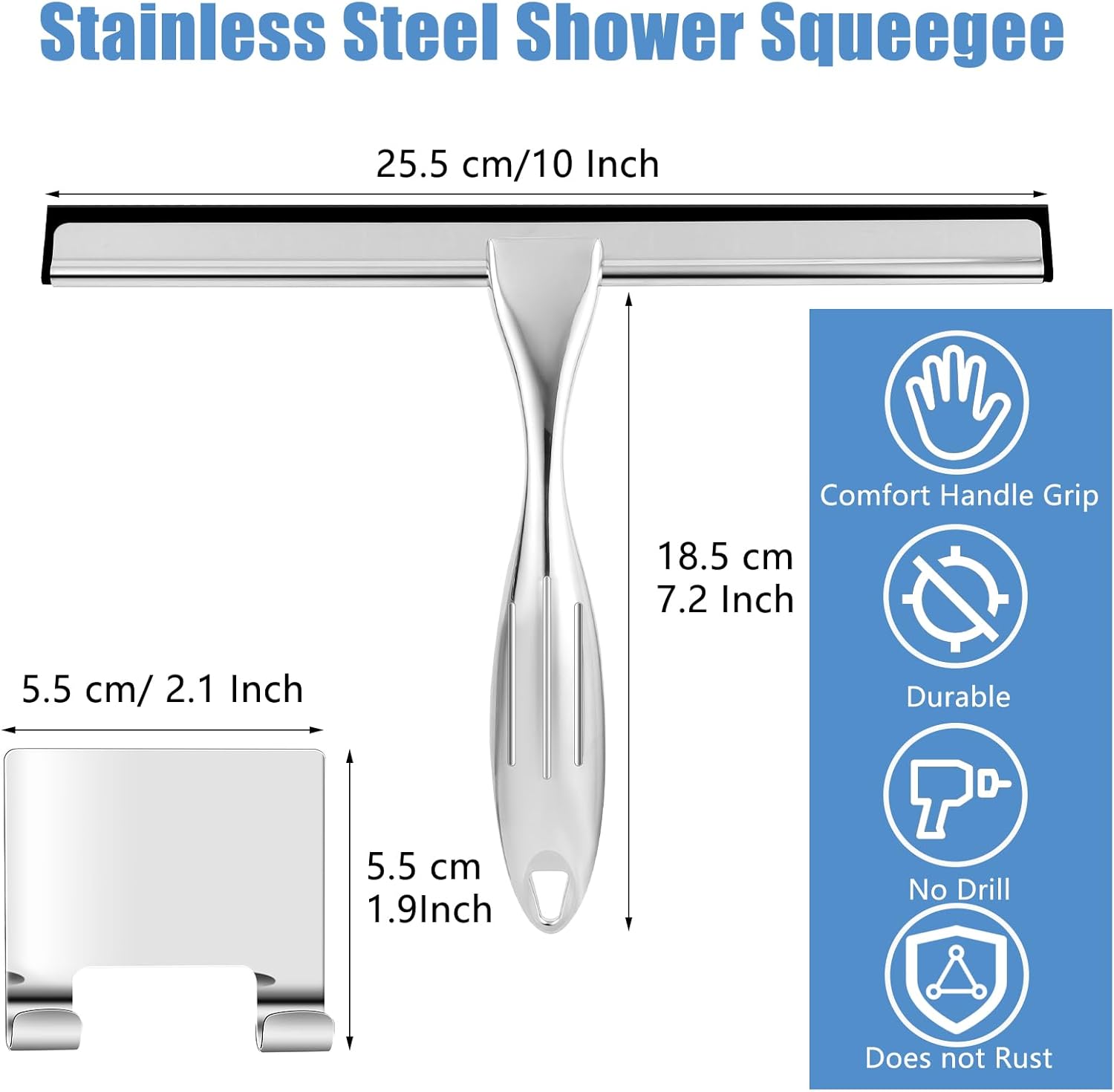 Shower Squeegee, 10 Inch Stainless Steel Window Squeegee Cleaner for Shower Glass Door with Hook, Shower Screen Wiper for Bathroom, Window,Mirror and Car Glass-1