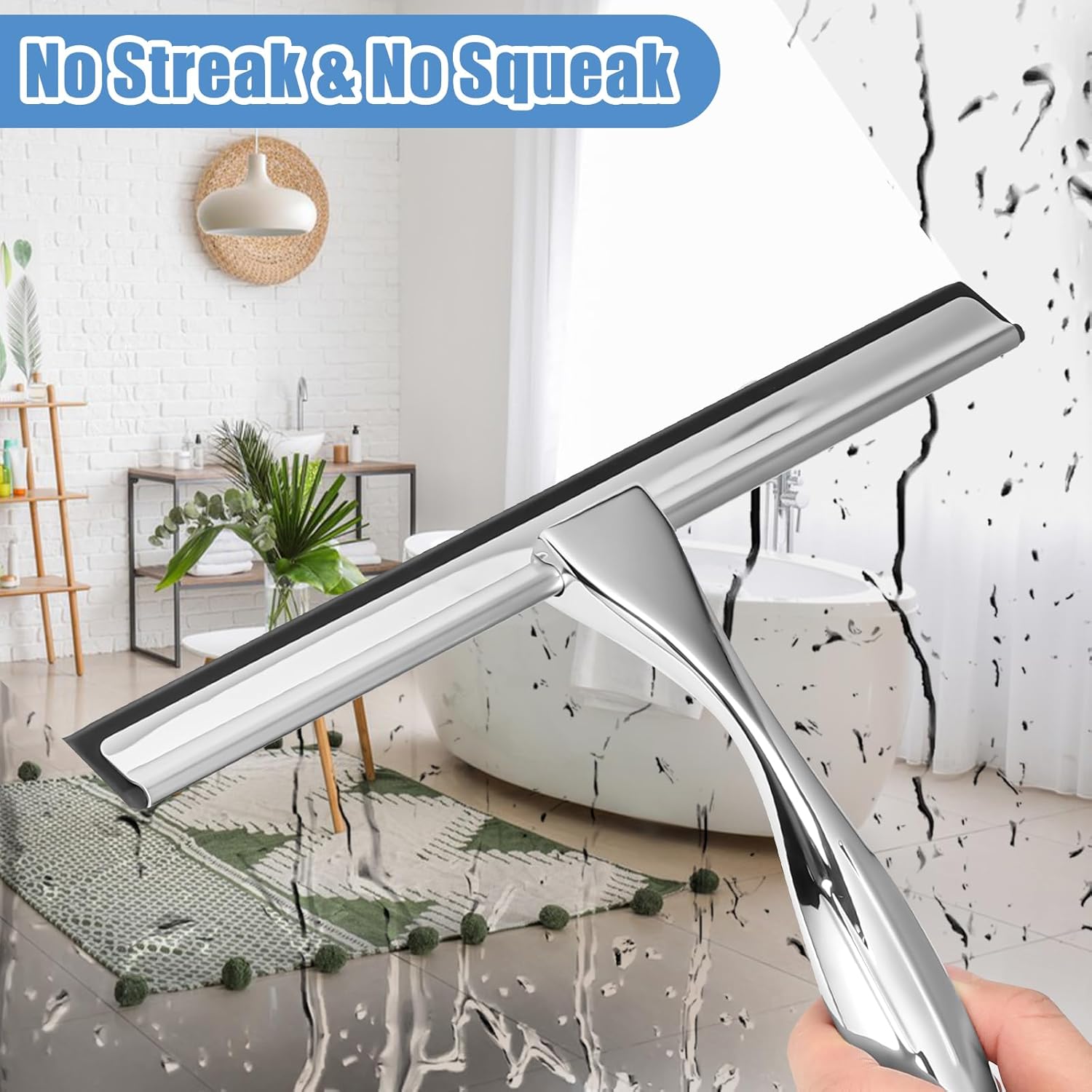 Shower Squeegee, 10 Inch Stainless Steel Window Squeegee Cleaner for Shower Glass Door with Hook, Shower Screen Wiper for Bathroom, Window,Mirror and Car Glass-2