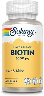 Solaray Timed Release Biotin 5000mg - Hair and Skin - Lab Verified - Vegan - Gluten Free 60 VegCaps, Pack of 1