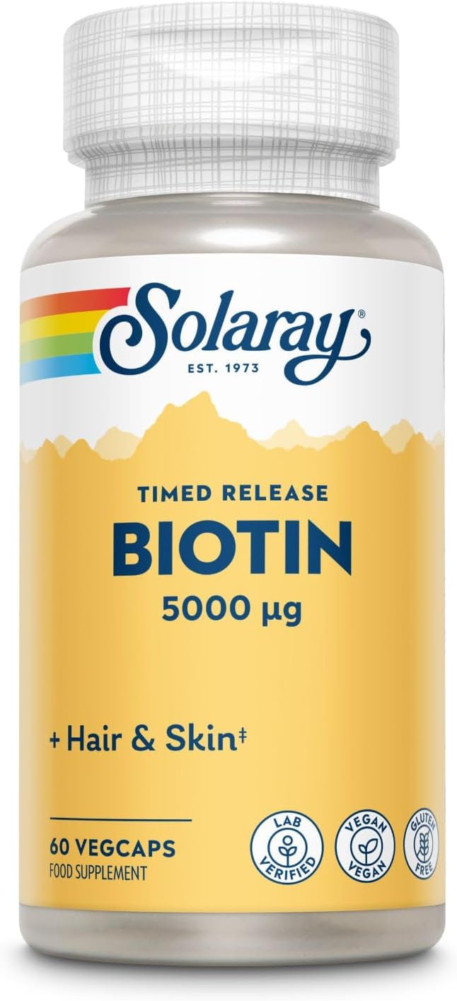 Solaray Timed Release Biotin 5000mg - Hair and Skin - Lab Verified - Vegan - Gluten Free 60 VegCaps, Pack of 1-0