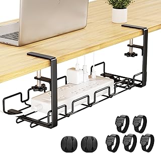 Cable Management Under Desk Cable Tray Wire Tidy Organiser No-Drill With Clamp Cable Tidy Basket Sturdy Metal For Managing Cables and Power Strips 16x5.6x6.3 inch