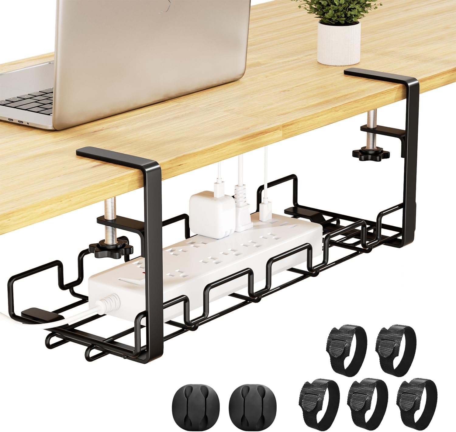 Cable Management Under Desk Cable Tray Wire Tidy Organiser No-Drill With Clamp Cable Tidy Basket Sturdy Metal For Managing Cables and Power Strips 16x5.6x6.3 inch-0