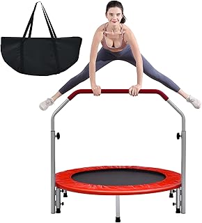 GYMAX 40" Mini Fitness Trampoline, Foldable Exercise Rebounder with 4-level Adjustable Foam Handrail, Indoor/Outdoor Gym Trampolines for Kids Adults