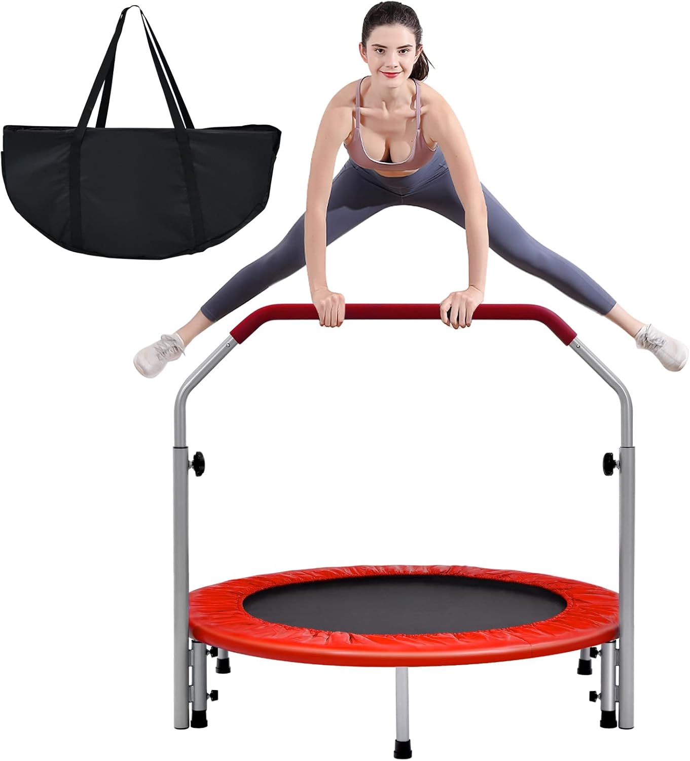 GYMAX 40" Mini Fitness Trampoline, Foldable Exercise Rebounder with 4-level Adjustable Foam Handrail, Indoor/Outdoor Gym Trampolines for Kids Adults-0