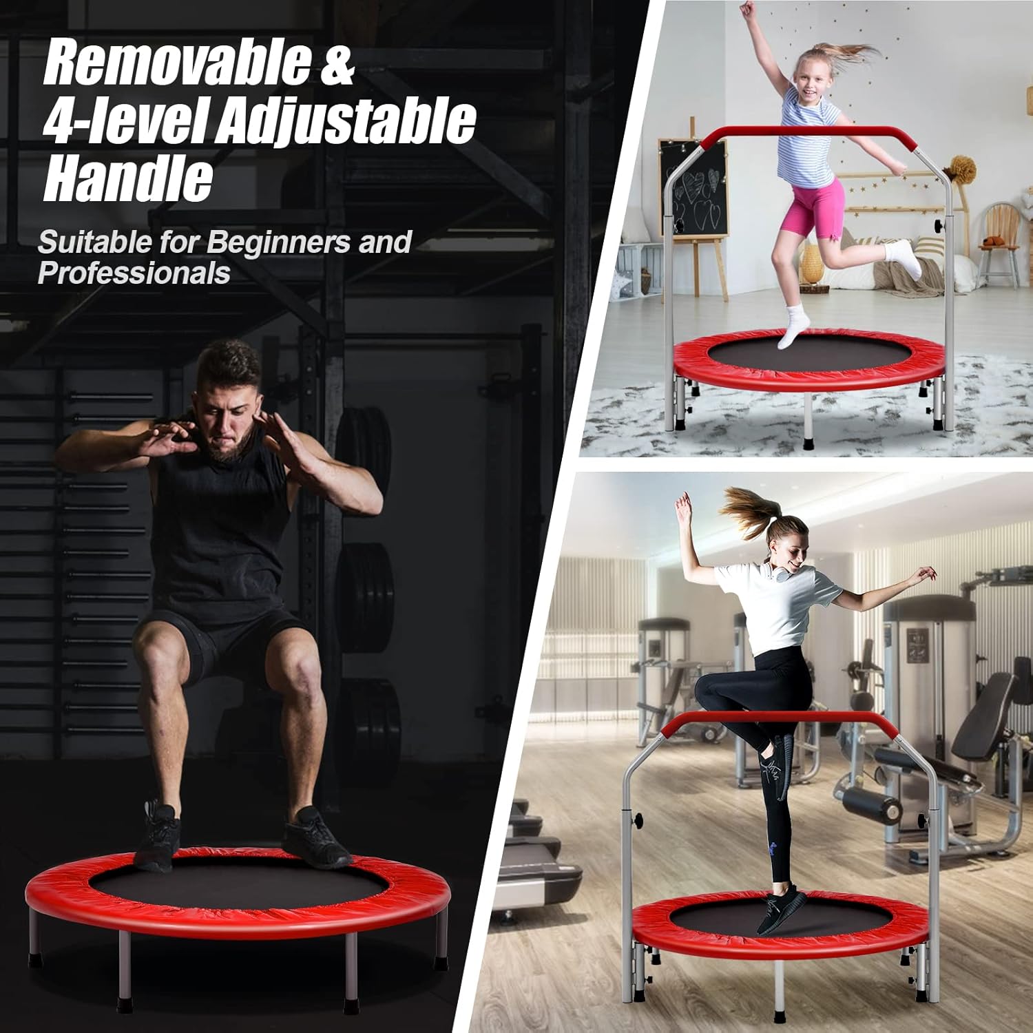 GYMAX 40" Mini Fitness Trampoline, Foldable Exercise Rebounder with 4-level Adjustable Foam Handrail, Indoor/Outdoor Gym Trampolines for Kids Adults-1