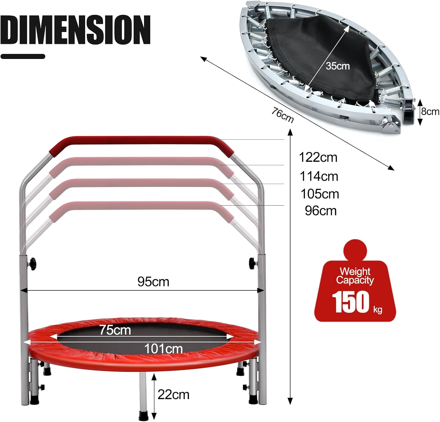 GYMAX 40" Mini Fitness Trampoline, Foldable Exercise Rebounder with 4-level Adjustable Foam Handrail, Indoor/Outdoor Gym Trampolines for Kids Adults-4