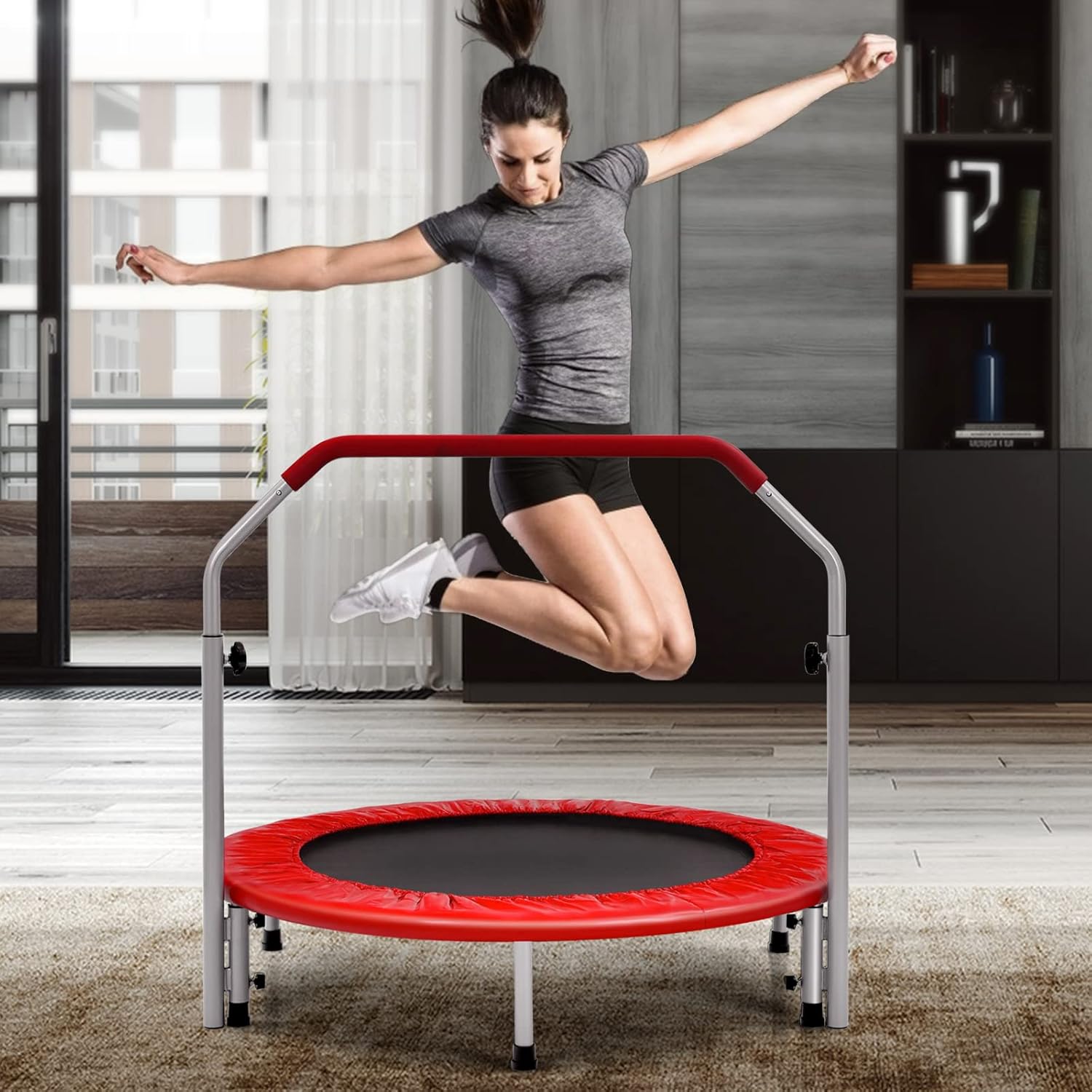 GYMAX 40" Mini Fitness Trampoline, Foldable Exercise Rebounder with 4-level Adjustable Foam Handrail, Indoor/Outdoor Gym Trampolines for Kids Adults-8