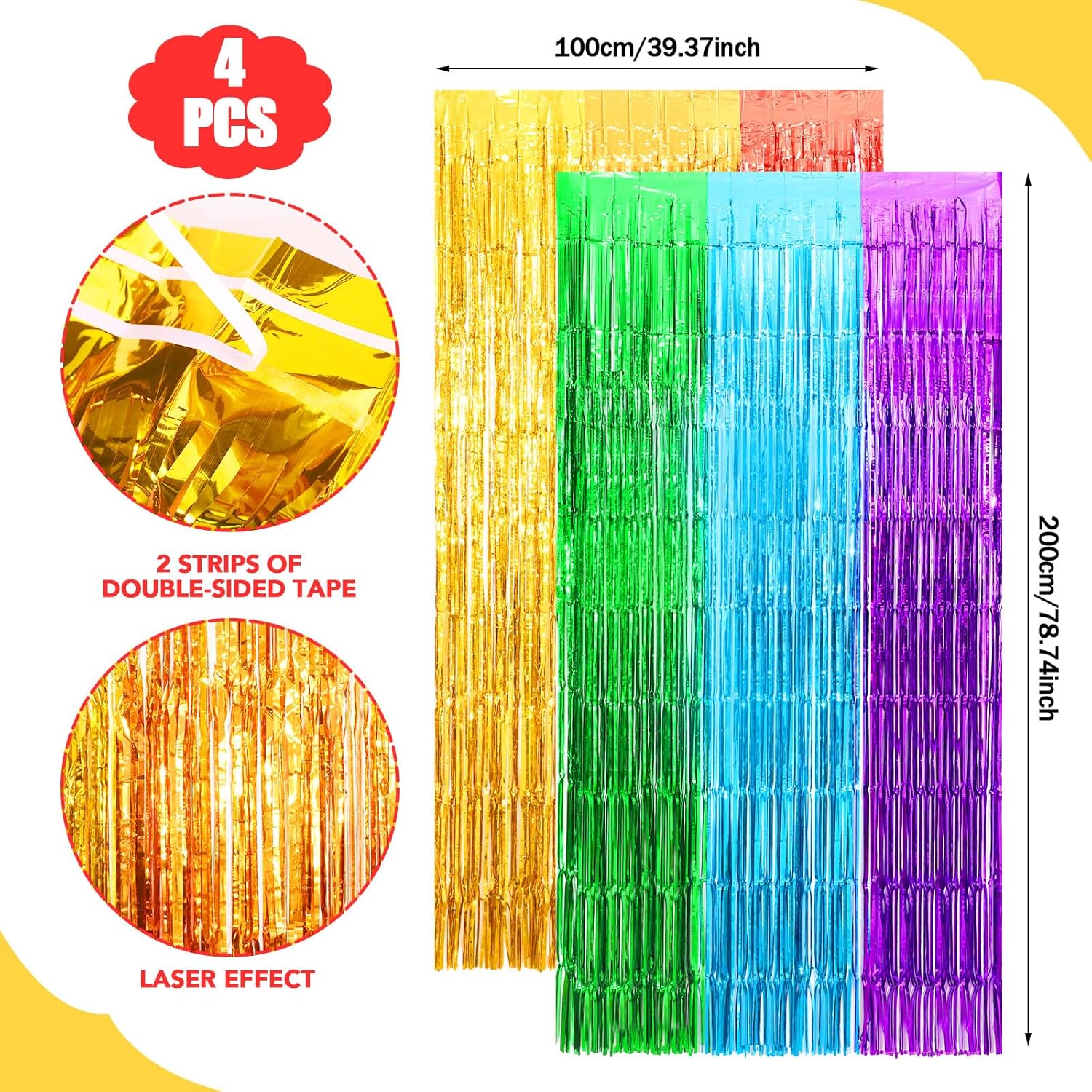 4Pcs 3.2ft x 6.5ft Tinsel Curtains, Rainbow Foil Fringe Curtains Streamers Backdrop Party Decoration Photo Props for Wedding Birthday Disco Party-1