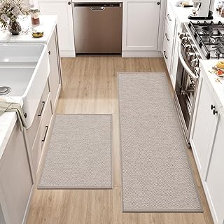 DEXI 2 Pieces Kitchen Mat, Kitchen Rug Set Non Slip Washable, Rubber Backed Long Kitchen Floor Mat, Carpet Runners Set for Hallways, Dining Room and Entrance, 43.5x75cm + 43.5x200cm, Beige